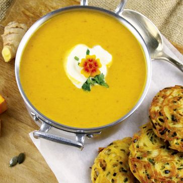 Pumpkin soup with Pasta fritters